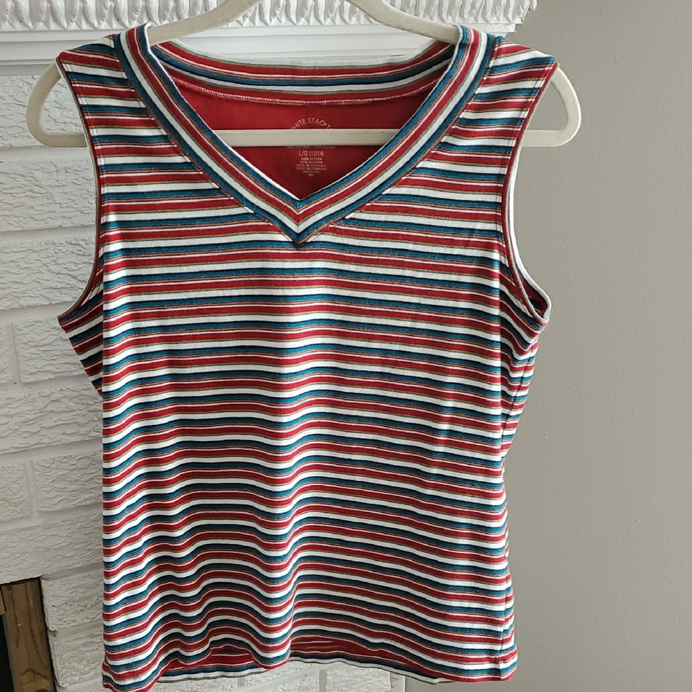Vintage White Stag Red White Fitted Cotton Sleeveless V-Neck Tank Top Sz L 90's